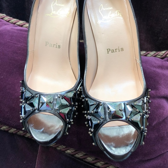 Louboutin Pewter Peep-Toe Studded Pumps - Picture 2 of 8